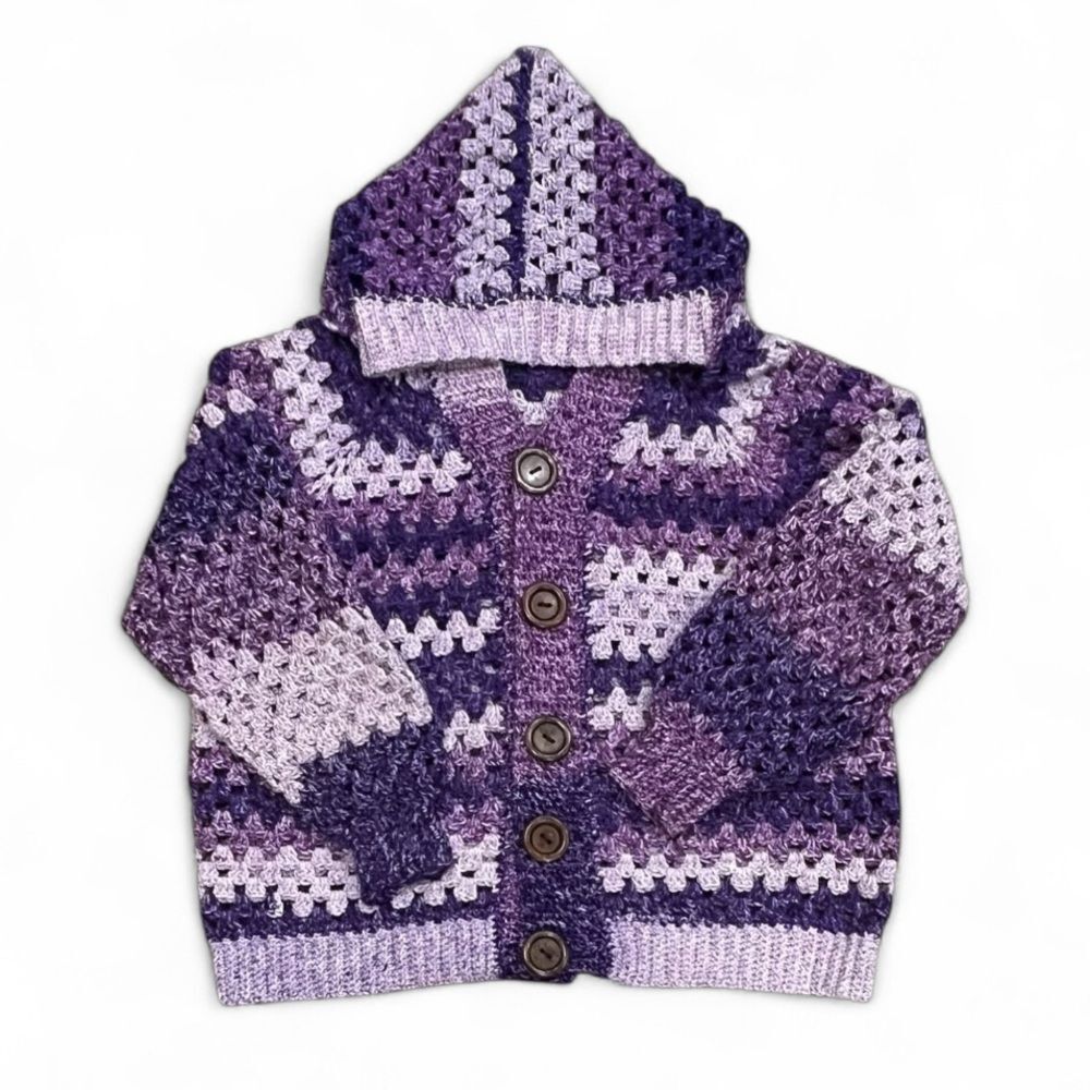 Purple Crochet Hand Knit Hooded Cardigan Size Large